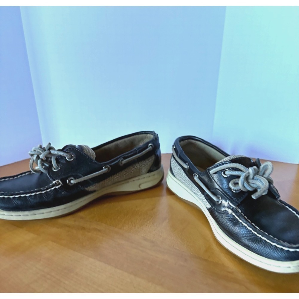 Sperry Top-Sider Boat Shoes Black Leather Canvas/Woven Sides Women 6.5M - Picture 8 of 16